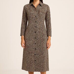 1 State Animal Print Button Front Midi Dress Collared Long Sleeve